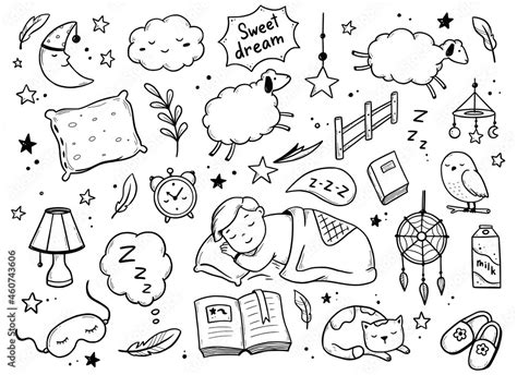 Sleep Relax Time Dream Night Doodle Set On White Background Concept