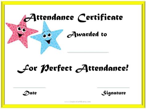 Perfect Attendance Award Certificates Free Instant Download