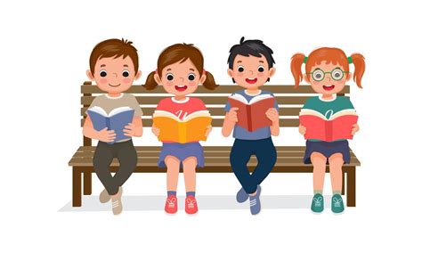 Cute Children Reading Books Together Sitting On Bench 7925305 Vector