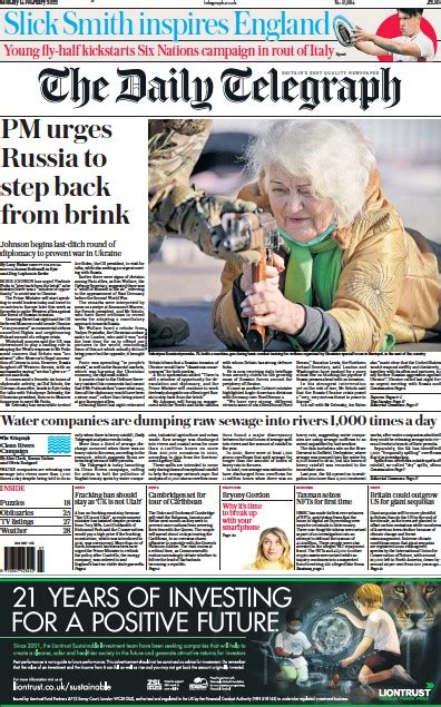 The Daily Telegraph UK Front Page For 14 February 2022 Paperboy