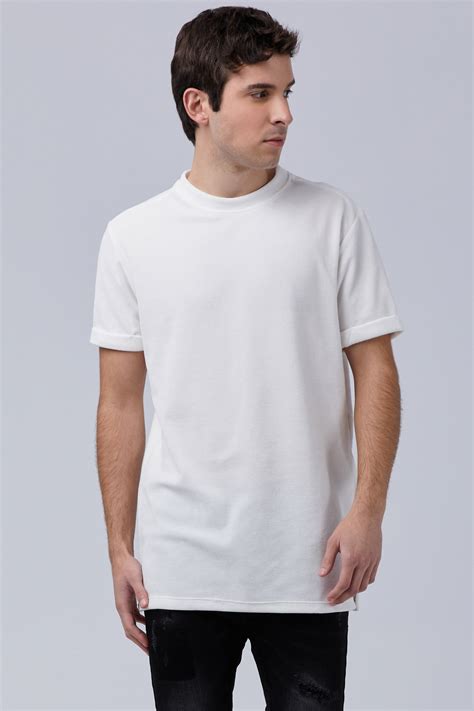 White T Shirt Velvet T Shirt With Rolled Up Sleeve In Longline