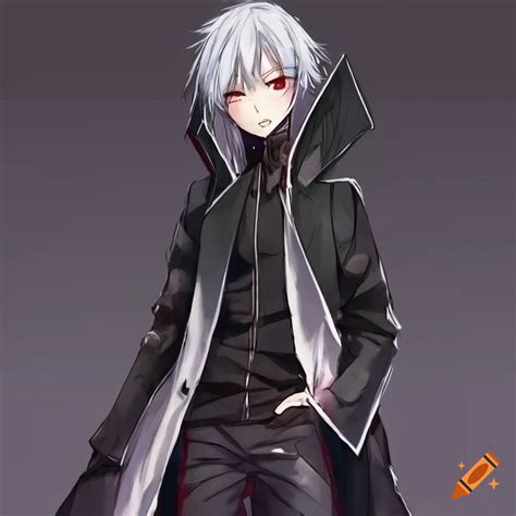 Anime Style Boy With White Hair And Red Eyes With A Smirk Wearing