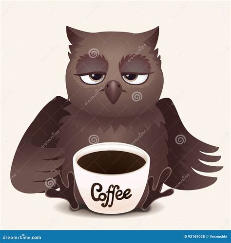 Cute Cartoon Sleepy Owl With Cup Of Coffee Stock Vector Illustration