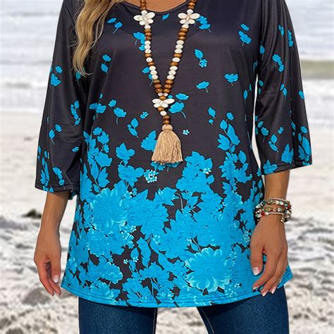 plus size floral print 3 4 sleeve v neck tunic tops women s plus slight stretch romantic tops