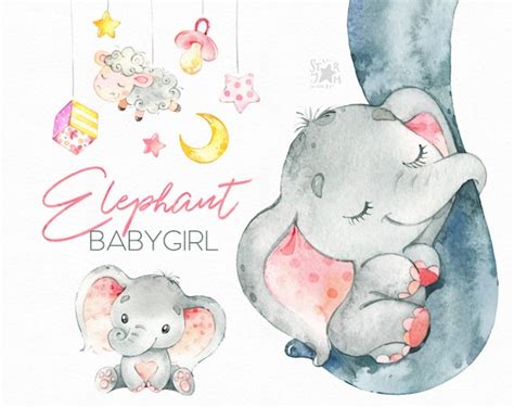 Elephant Babygirl Watercolor Little Animal Clipart Africa Etsy