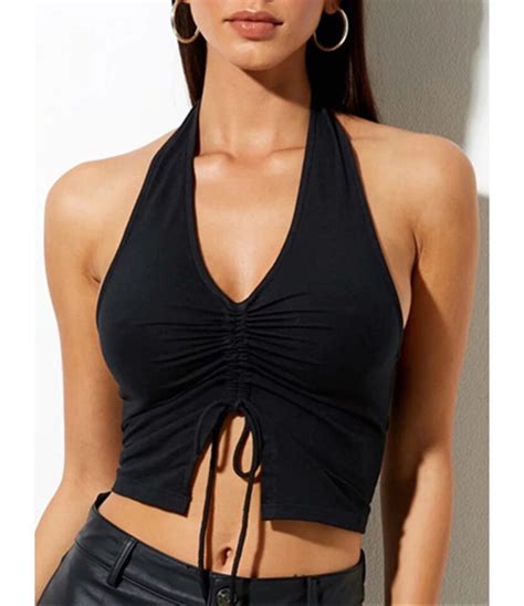 v neck drawstring shirred black halter crop top