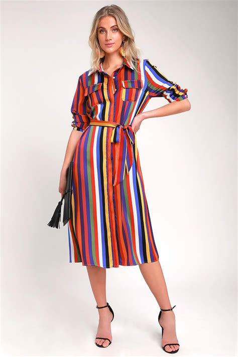 Amuse Me Rainbow Striped Long Sleeve Midi Shirt Dress Long Striped Dress Striped Shirt Dress