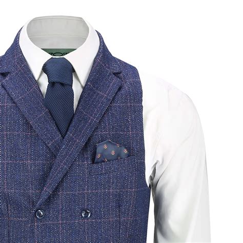 Mens Tweed Check Waistcoat Vintage Double Breasted Collar Tailored Fit