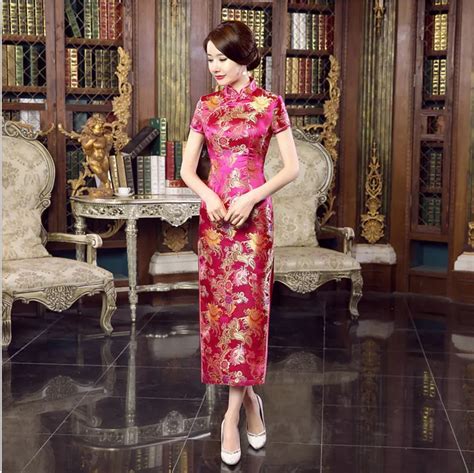 new arrival hot pink women satin cheongsam chinese traditional long satin qipao dress flower