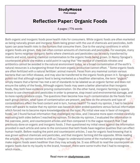 Reflection Paper Organic Foods Free Essay Example
