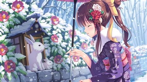 Download Wallpaper Anime Girl Beauty Winter Rabbits Snow 4k Art By
