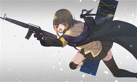 anthropomorphism braids brown eyes brown hair eyepatch fang girls frontline gloves gradient gun