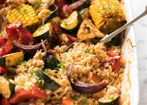 To begin making jerk chicken with rice and peas recipe, pre heat oven at 200 degree c. Oven Baked Rice and Vegetables (ONE PAN!!) | RecipeTin Eats