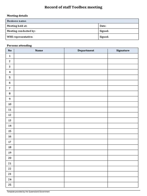 Record Of Staff Toolbox Meeting Template Pdf