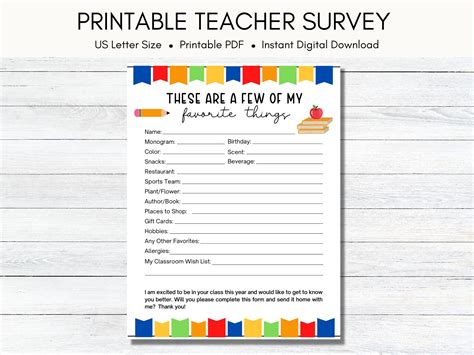 Teacher Favorite Things Survey Printable Instant Download Teacher Questionnaire Template All
