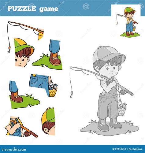 Puzzle Game For Children With The Boy Fisher Stock Vector
