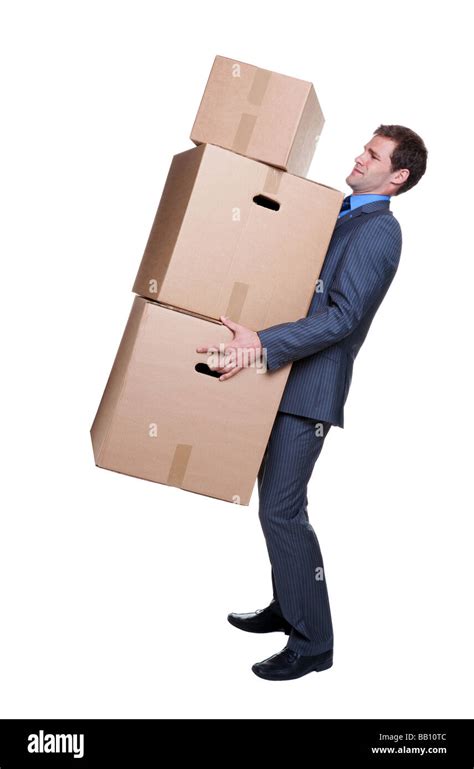 Businessman Struggling To Carry Some Heavy Boxes Isoalted On White