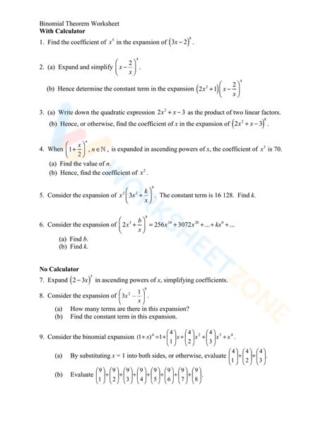 Binomial Theorem Worksheet Worksheet