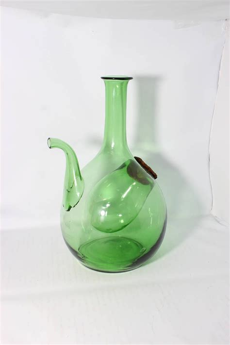 Vintage Hand Blown Green Glass Wine Bottle Decanter With Ice Chamber