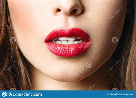 Sensual Red Lip Mouth Open Beautiful Woman Portrait Close Up Big