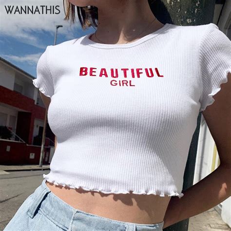 Wannathis Letter Embroidery Summer T Shirt Women Crop Top Ruffles Shotr Sleeves Solid Casual