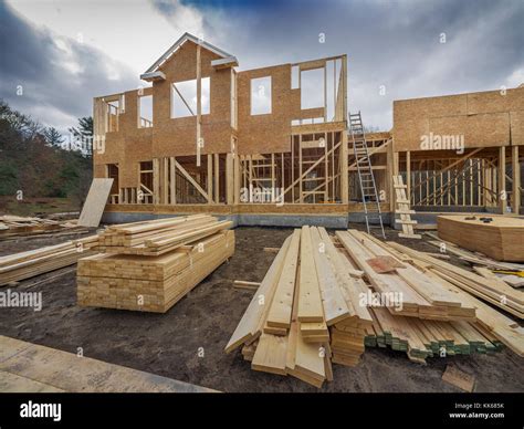 New House Construction Framing In The City Suburbs Stock Photo Alamy