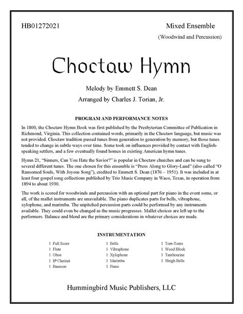 Choctaw Hymn Sheet Music For Woodwind And Percussion Hummingbird