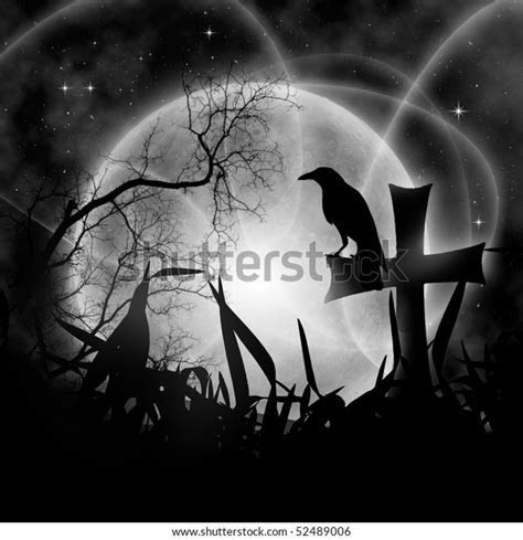 Mystical Night Full Moon Raven Stock Illustration 52489006