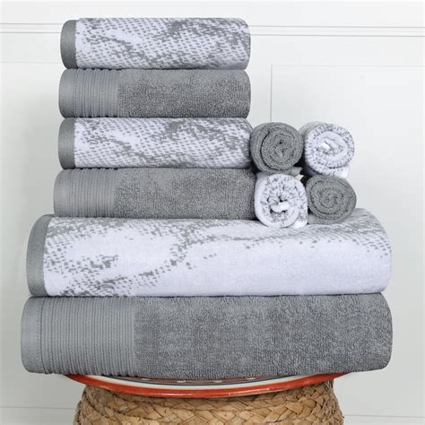 Cotton Highly Absorbent 10 Piece Solid And Marble Effect Grey Towel Set