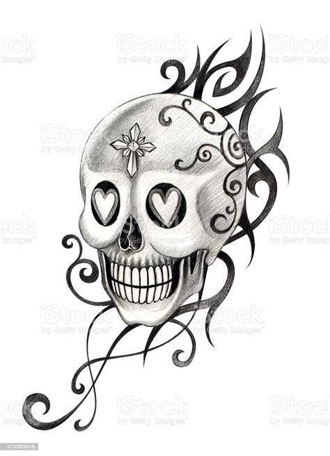 Skull Cross Tattoohand Drawing On Paper Stock Illustration
