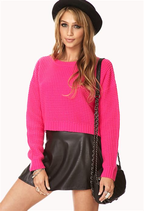 Forever 21 Cropped Waffle Knit Sweater In Pink Lyst
