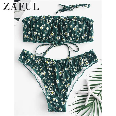 Zaful Daisy Print Lettuce Lace Up Bikini Set Women Strapless Floral