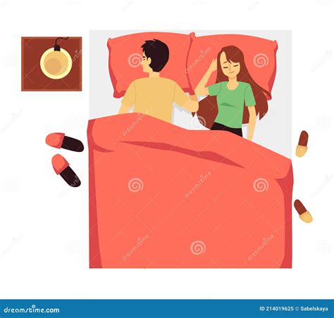 cartoon couple sleeping in bed from top view different sleep positions stock vector