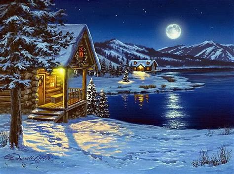 Free Download Winter Moon Reflection House Shore Cottage Cabin