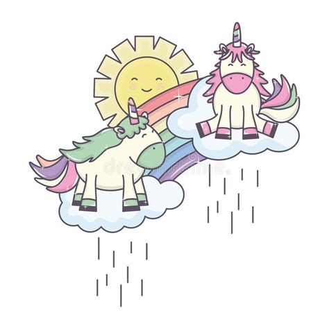 Cute Unicorn In Rainbow With Clouds Rainy And Sun Kawaii Stock Vector