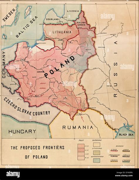 The Proposed Frontiers Of Poland Post World War I 1918 Stock Photo