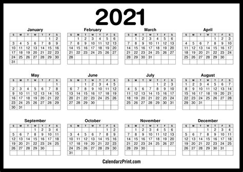 2021 Calendar Printable Black And White