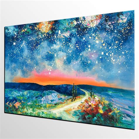 Oil Painting Landscape Starry Night Sky Painting Original Etsy