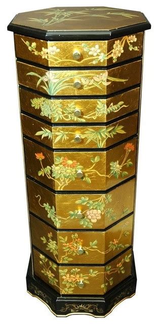 Octagonal Button Box Gold Leaf Jewelry Armoire Asian Jewelry