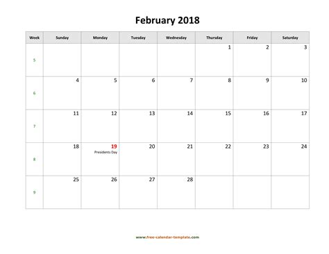 Free 2018 Calendar Blank February Template Horizontal Free Calendar
