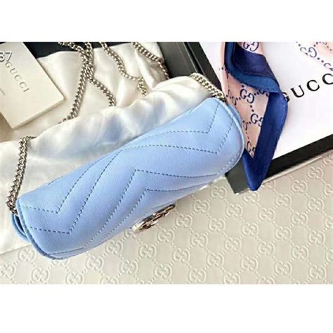 Gucci Gg Women Gg Marmont Super Mini Bag Blue Matelassé Chevron Lulux