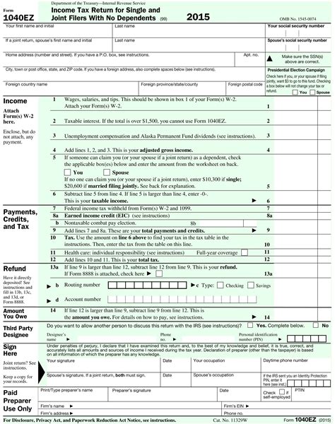 Form 1040ez Income Tax Return For Single And Joint Filers With No