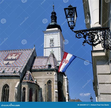 St. Mark S Church and the Croatian National Flag Stock Image - Image of