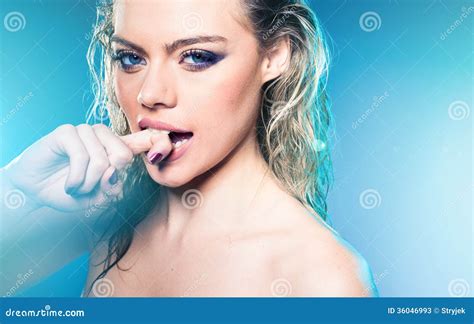 beautiful blond woman biting her finger stock image image of look seductive 36046993