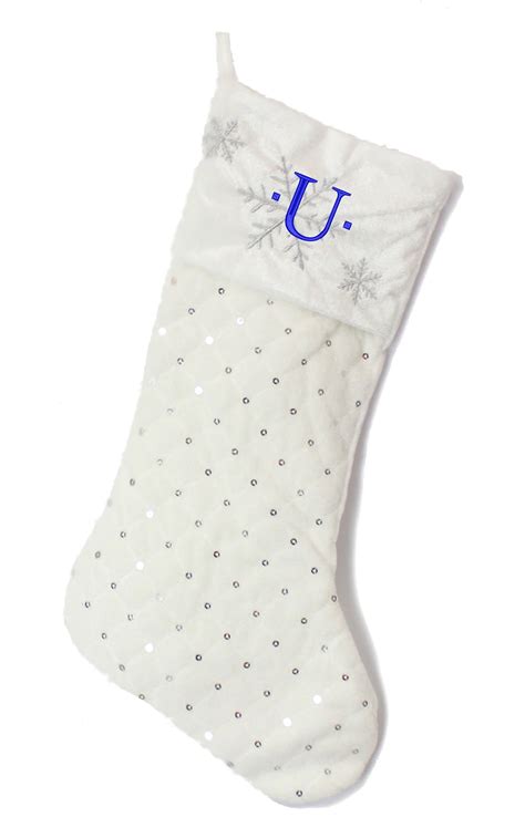 Monogrammed Christmas Stocking White Snowflakes And Sequins With Serif Embroidered Initial