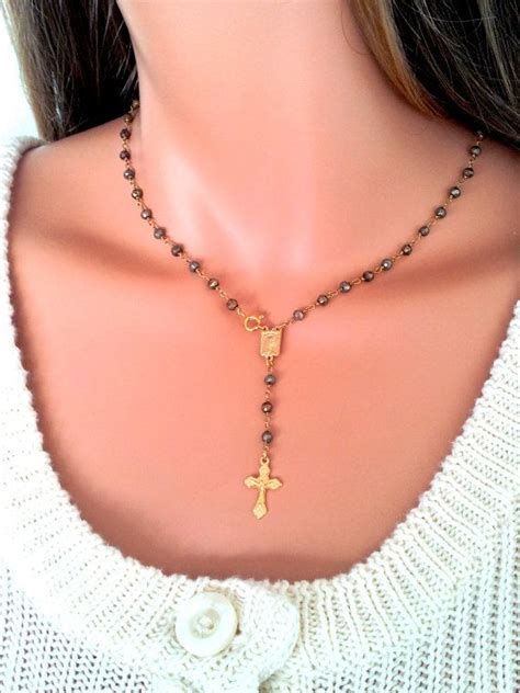 Pyrite Gold Rosary Necklace Gold Cross By Divinitycollection 80 00