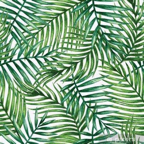 Sticker Watercolor Tropical Palm Leaves Seamless Pattern Vector
