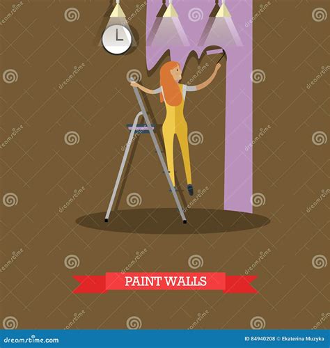 Vector Illustration Of Woman Painting Wall In Flat Style Stock Vector
