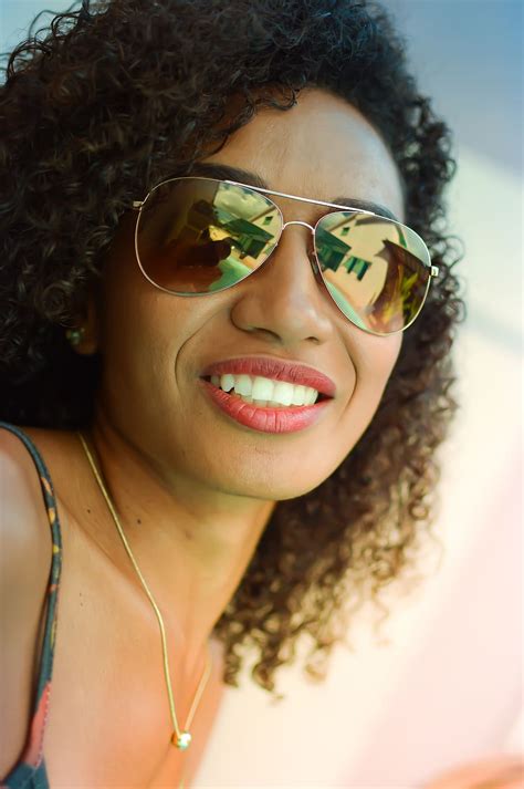 Smiling Woman Wearing Sunglasses Beautiful Brunette Curly Hair Eyewear Piqsels