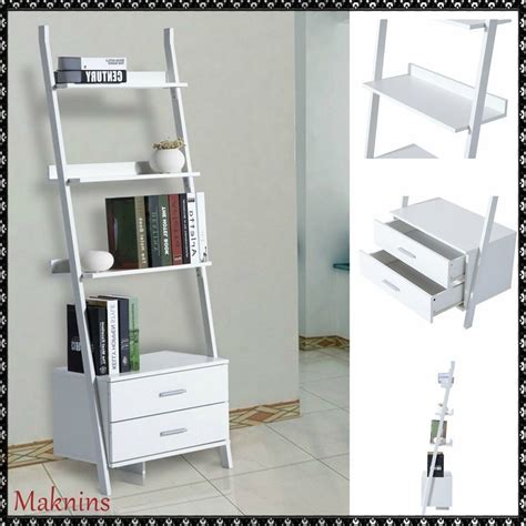 White Ladder Shelf Unit Bookcase Storage Display 4 Tier W2 Drawers